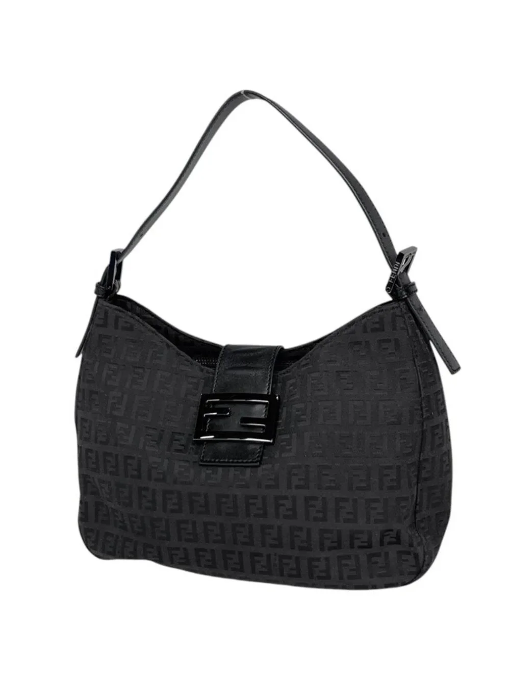 Fendi Zucchino Pattern Shoulder Bag Canvas Black
